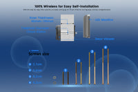 Technical diagram of a door viewer system with specifications and screws sizes on a blue background.