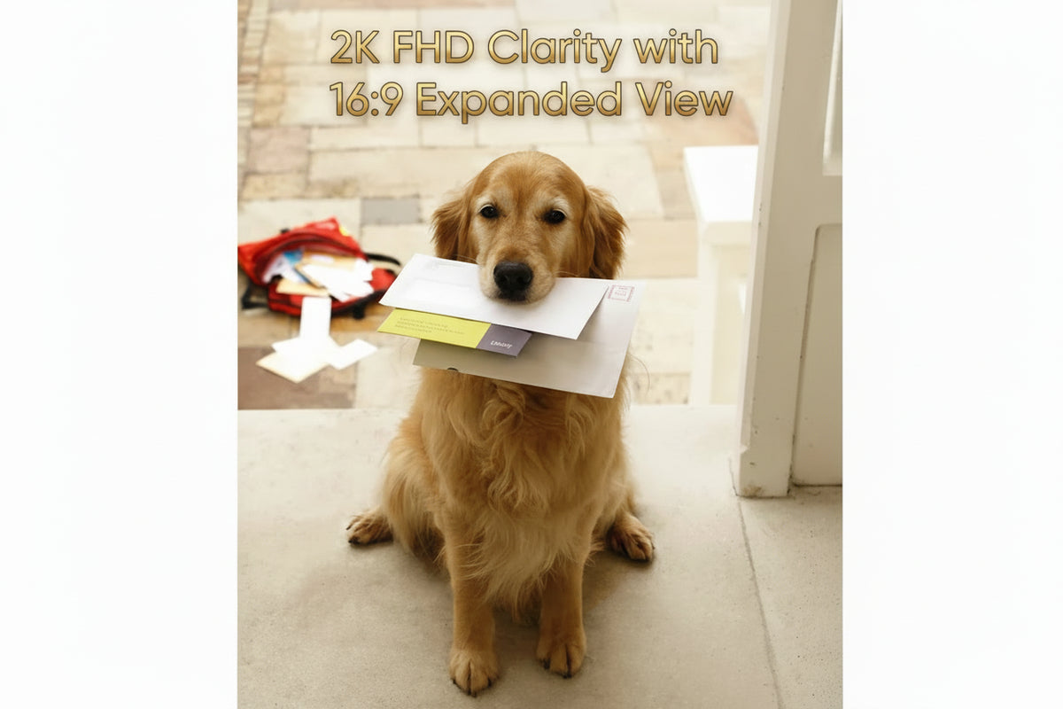 Dog holding papers with text about 2K FHD Clarity and 16:9 Expanded View