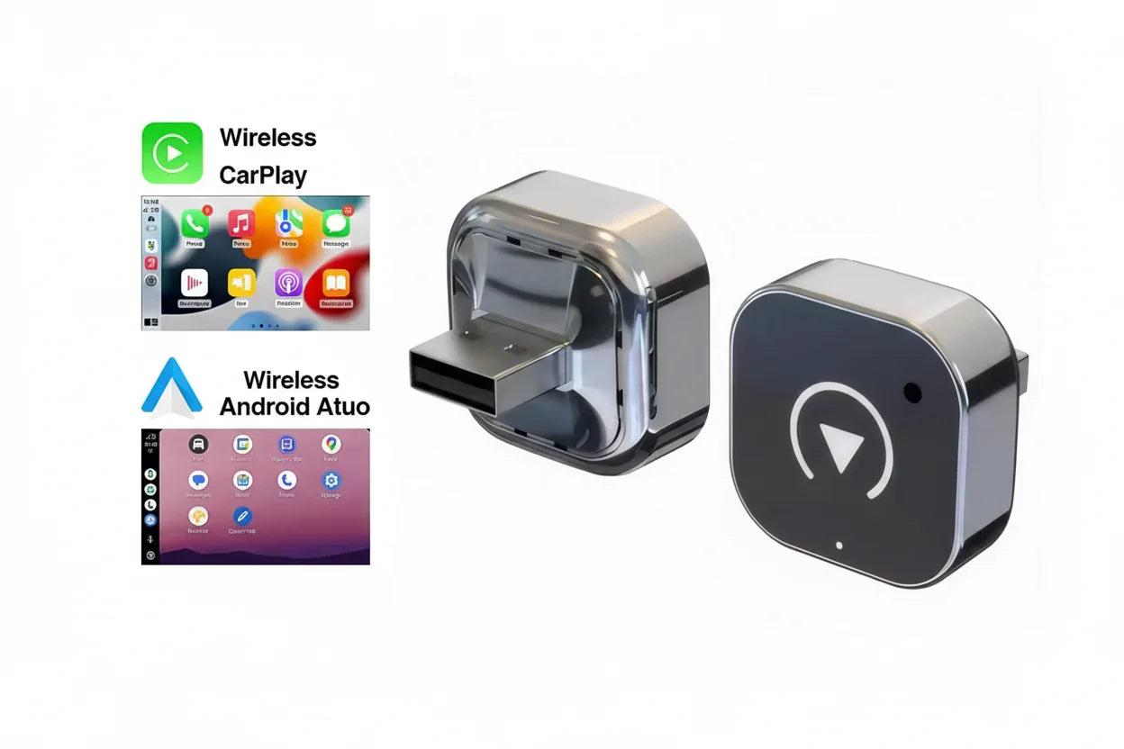  Wired to Wireless 2 in 1 Adapter with CarPlay and Android Auto compatibility on a white background.