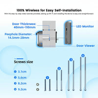 Door viewer installation diagram with specifications on a blue background
