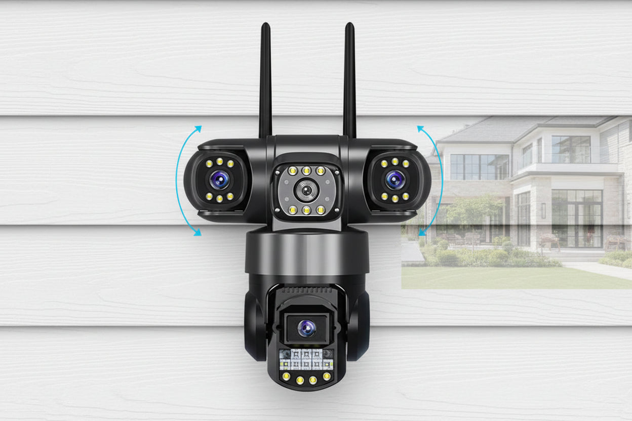 Outdoor security camera system with PTZ control features and smartphone app display.