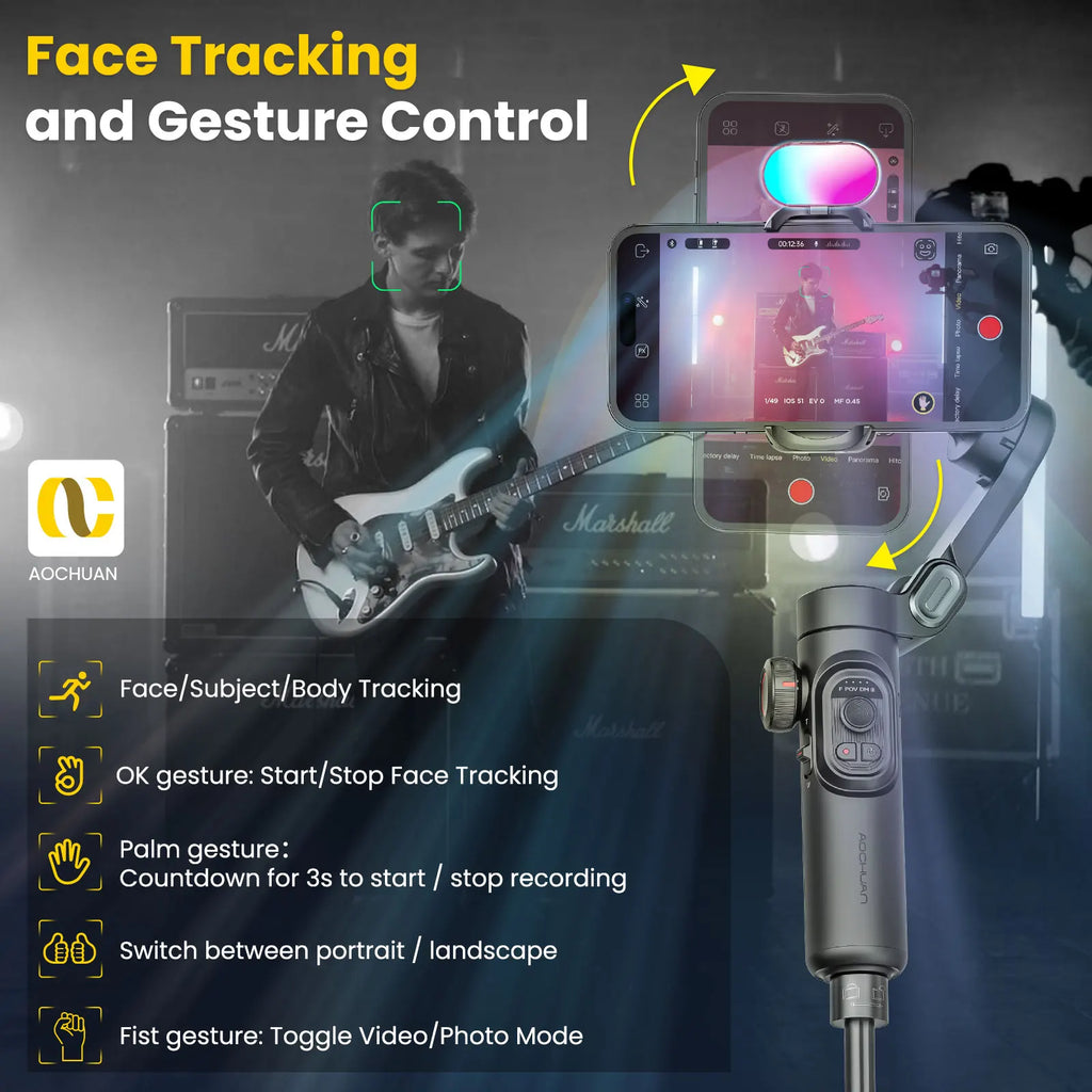 Camera device with face tracking and gesture control features, shown with a musician playing guitar.