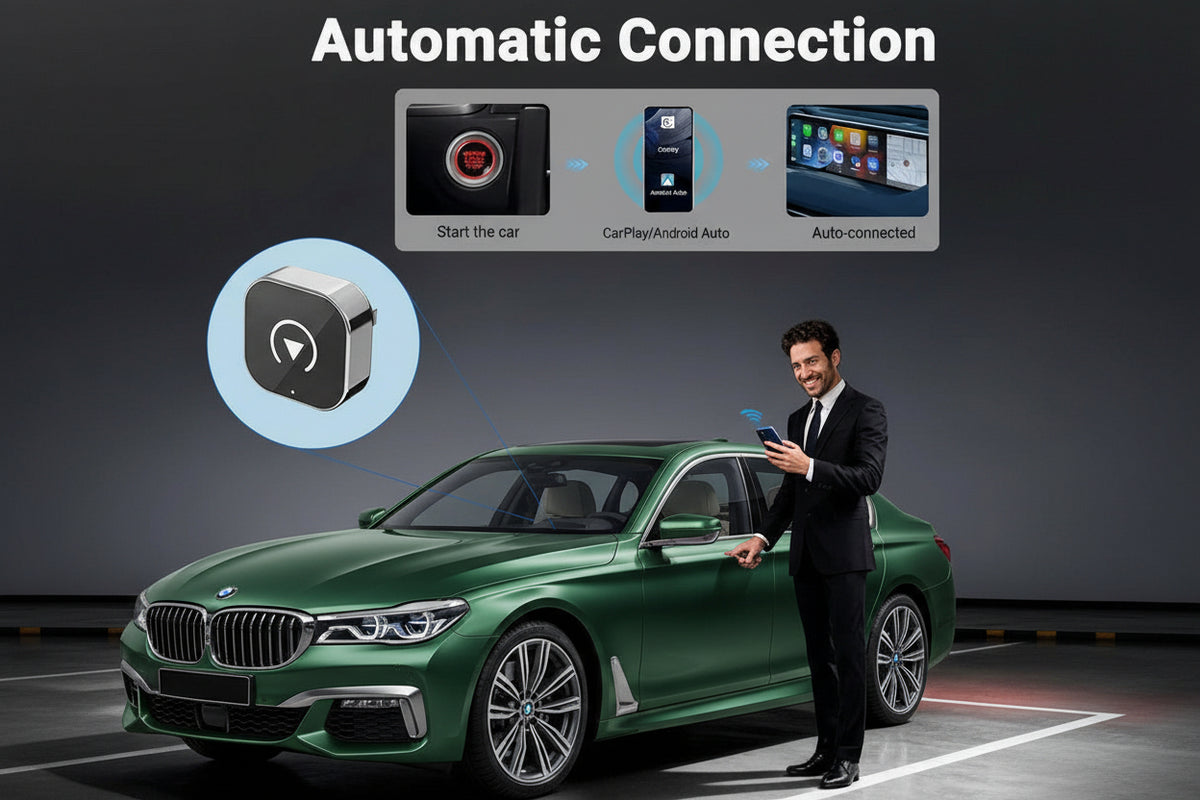 Car connectivity device with smartphone app, car, and man in a suit on a dark background