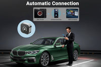 Car connectivity device with smartphone app, car, and man in a suit on a dark background