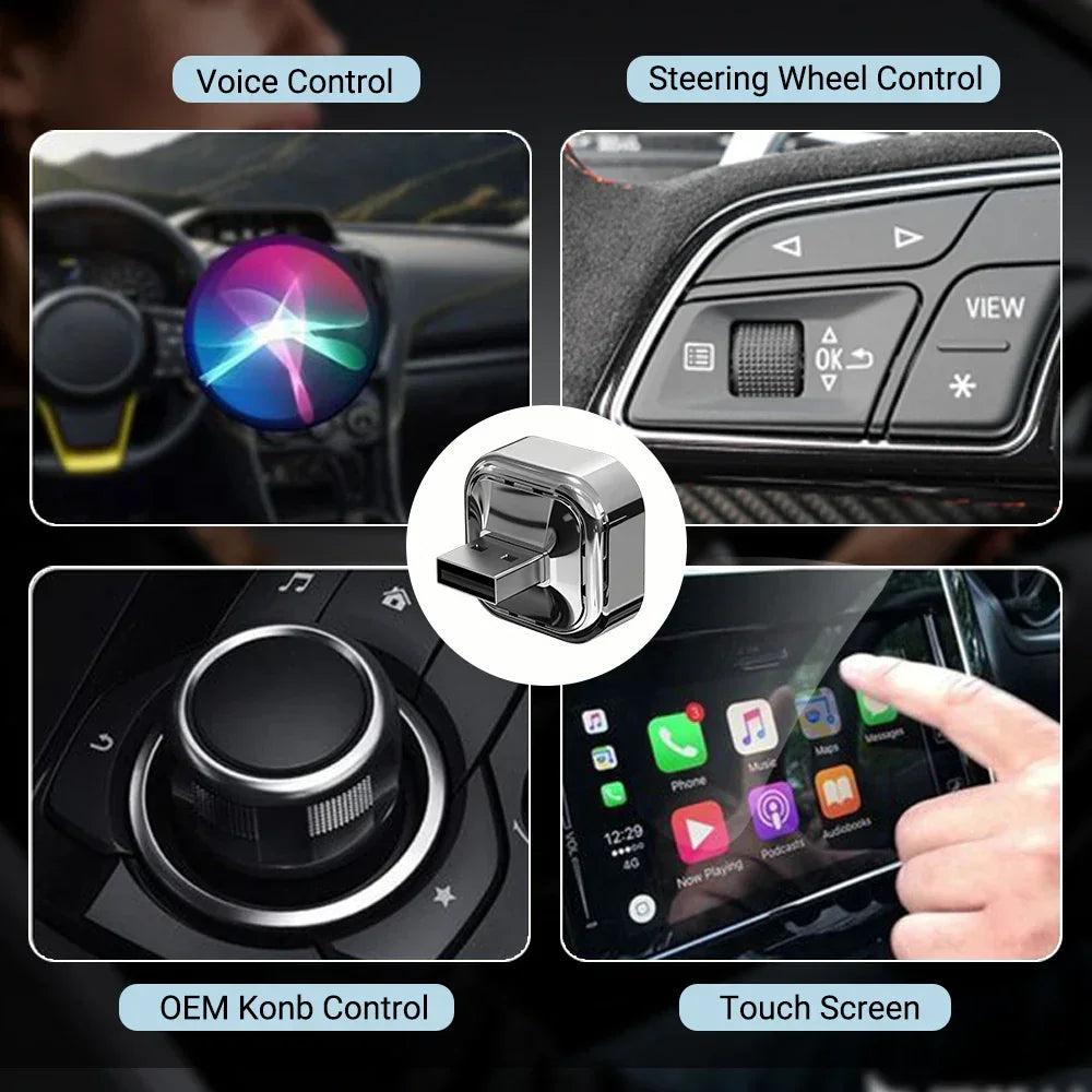 Collage of car control features including voice control, steering wheel control, OEM knob control, and touch screen.