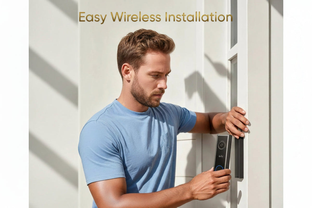 Man installing a smart lock on a door with text 'Easy Wireless Installation'.