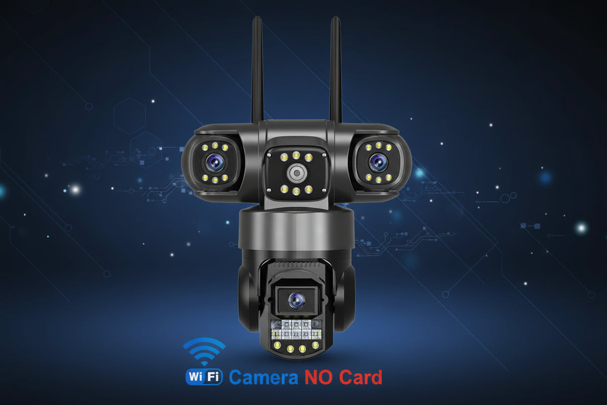 Wireless security camera with multiple lenses on a white background