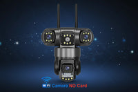 Wireless security camera with multiple lenses on a white background