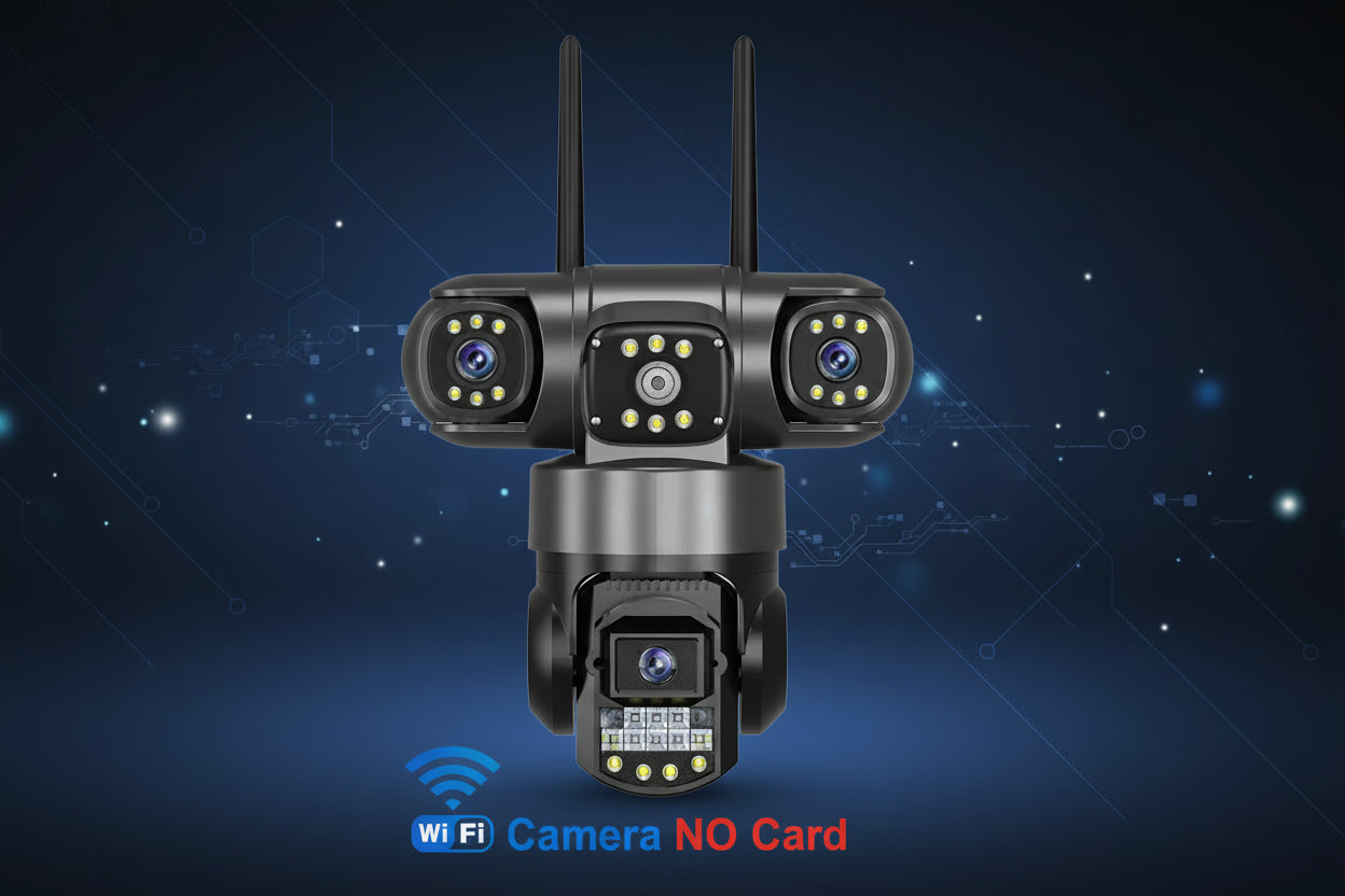 Wireless security camera with multiple lenses on a white background