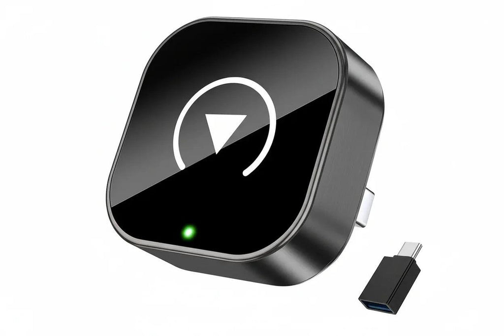 Black electronic device with a USB-C connector on a white background