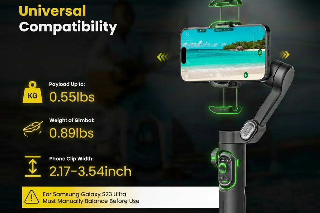 Phone gimbal with compatibility details on a dark background