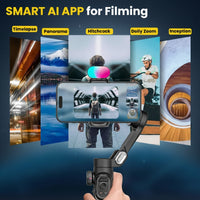 Smart AI app for filming with smartphone and gimbal, featuring various filming effects on a blue gradient background.