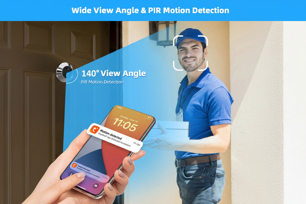 Person holding a smartphone with motion detection app, showing 140-degree view angle and PIR motion detection features.
