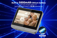 Digital photo frame with a family photo on screen, featuring a 5000mAh lithium battery text.