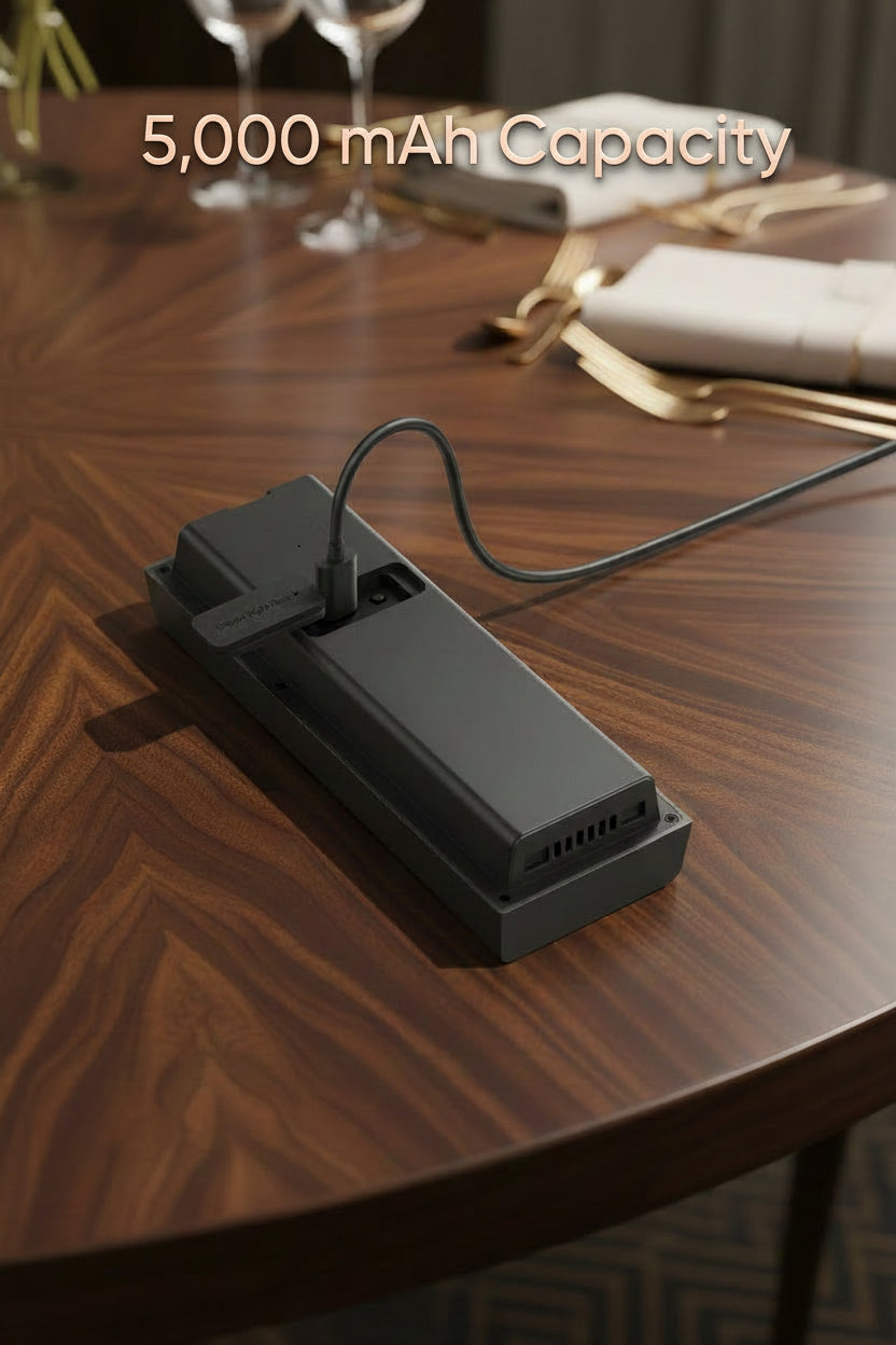 Black battery pack with 5,000 mAh capacity on a wooden surface