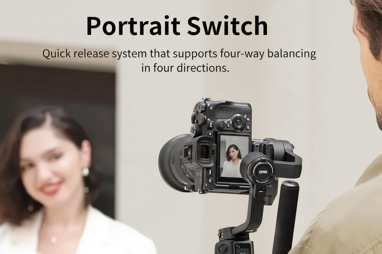 Camera stabilizer with a person holding it, displaying text about a 'Portrait Switch' feature.