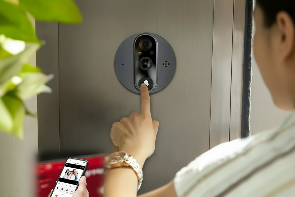 Smart doorbell with adjustable volume feature, shown on a door and with a smartphone app interface.