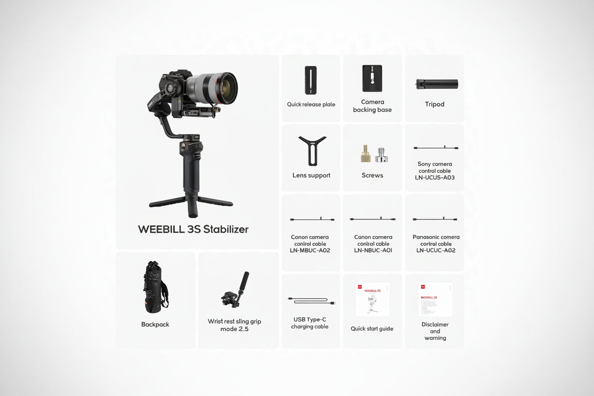 Weebill 3S stabilizer combo with features listed on a red and white background