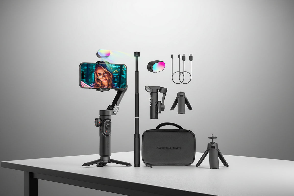 Gaming streaming setup with smartphone, selfie stick, RGB light, and carrying case on a white background