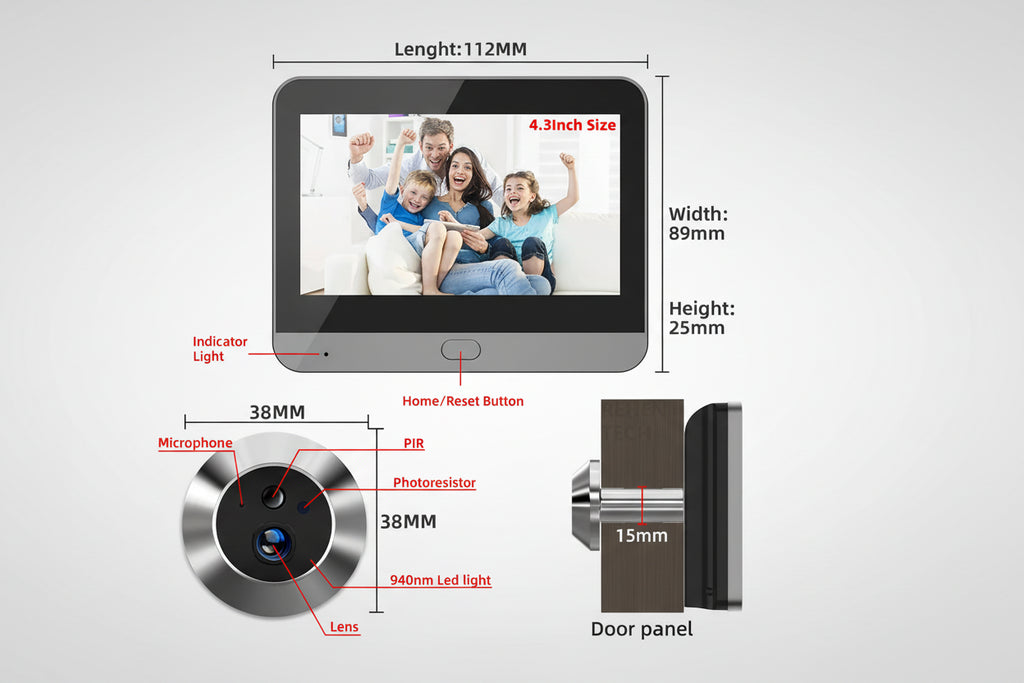 Measurement chart of a 4.3-inch digital doorbell with labeled parts and dimensions.