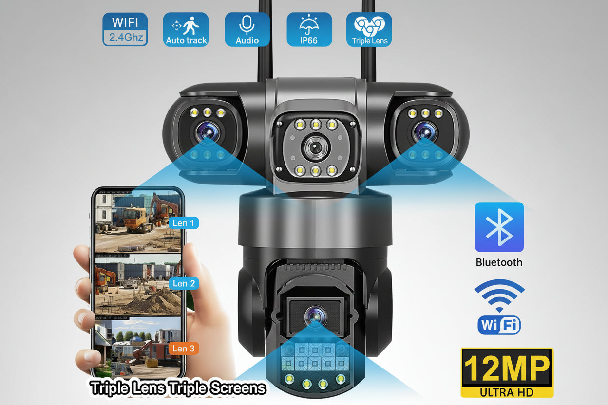 Security camera system with multiple cameras, smartphone app, and feature icons on a white background