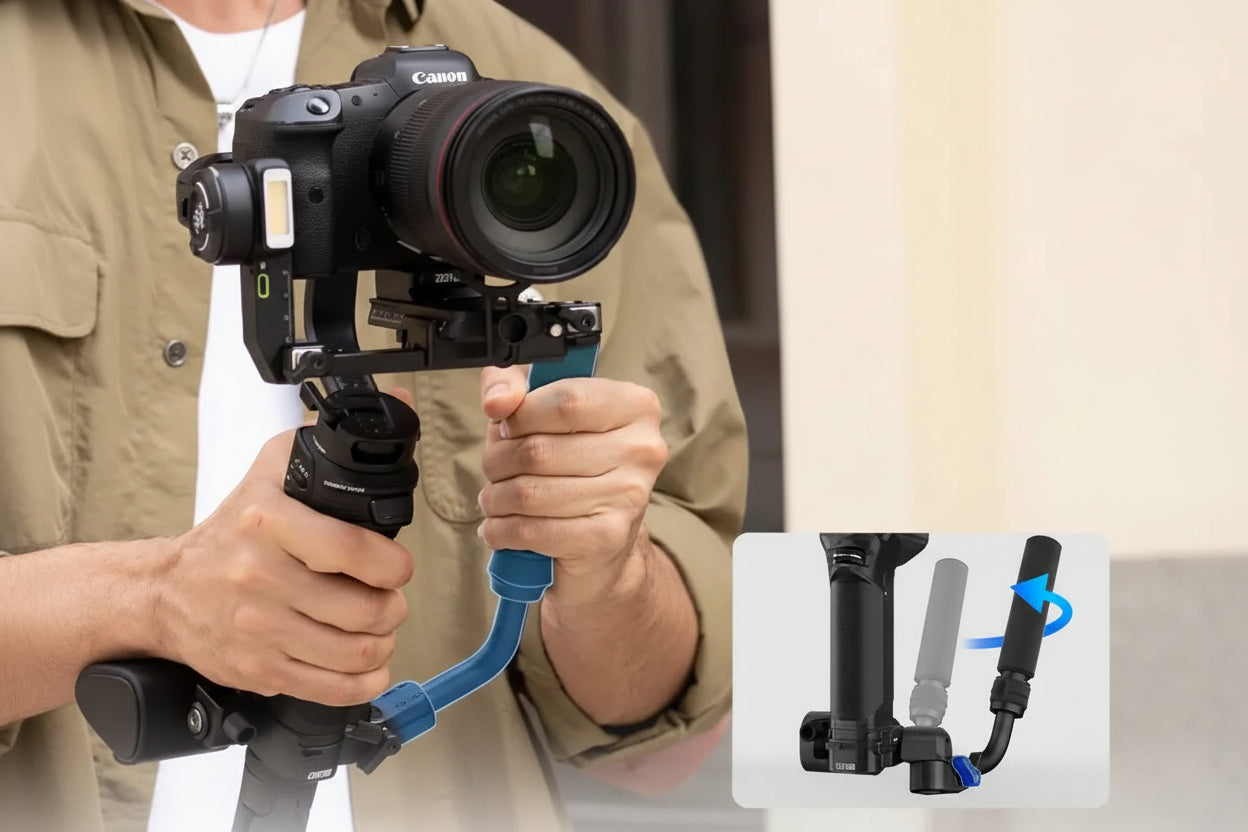 Person holding a camera with an extendable sling grip, inset showing the adjustable mechanism.