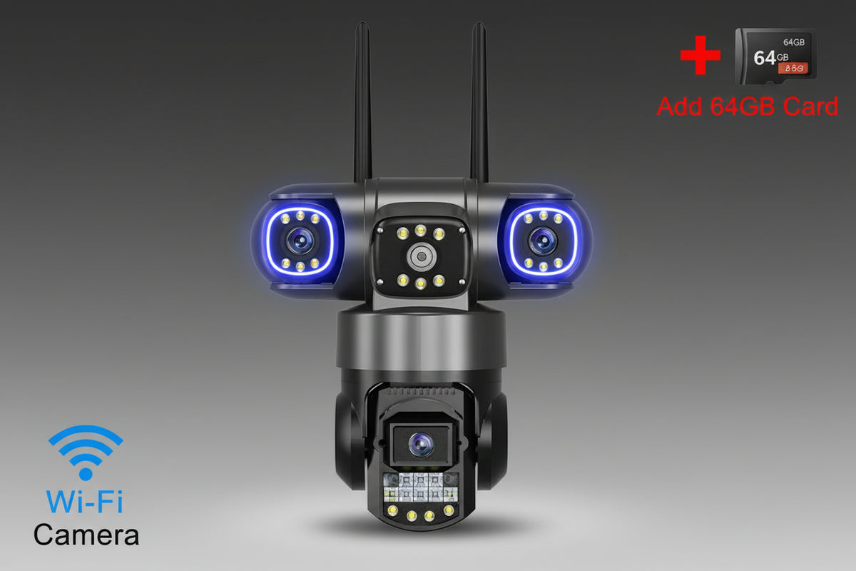 Wireless security camera with two antennas and a 64GB microSD card on a white background