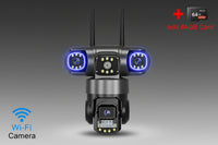 Wireless security camera with two antennas and a 64GB microSD card on a white background