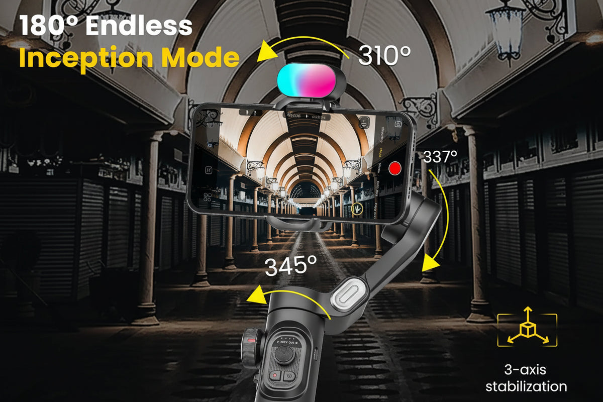 Smartphone with 360-degree camera view in a tunnel, showcasing '180° Endless Inception Mode' and '3-axis stabilization'.