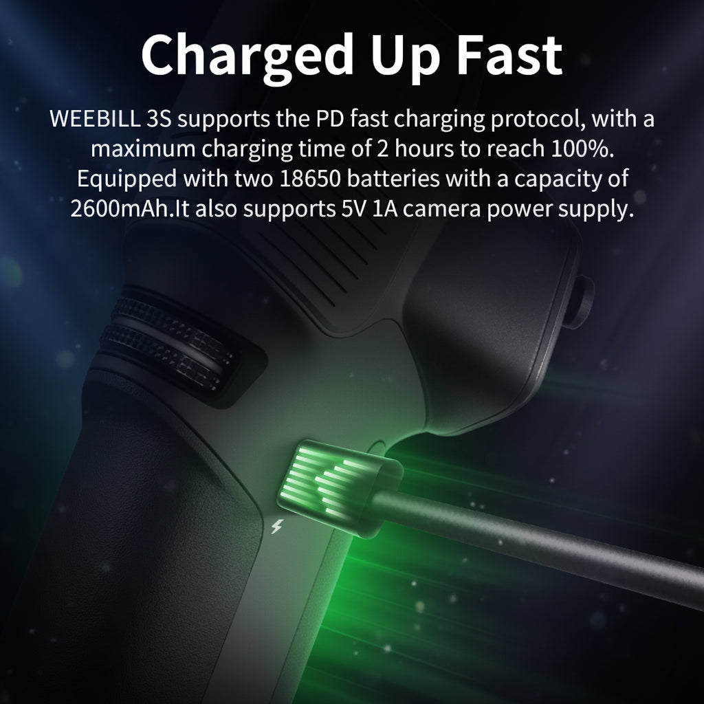 Green light emitting device with text about fast charging capabilities on a dark background