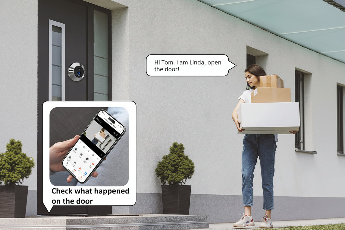 Woman with boxes using a doorbell camera system with smartphone app interface.