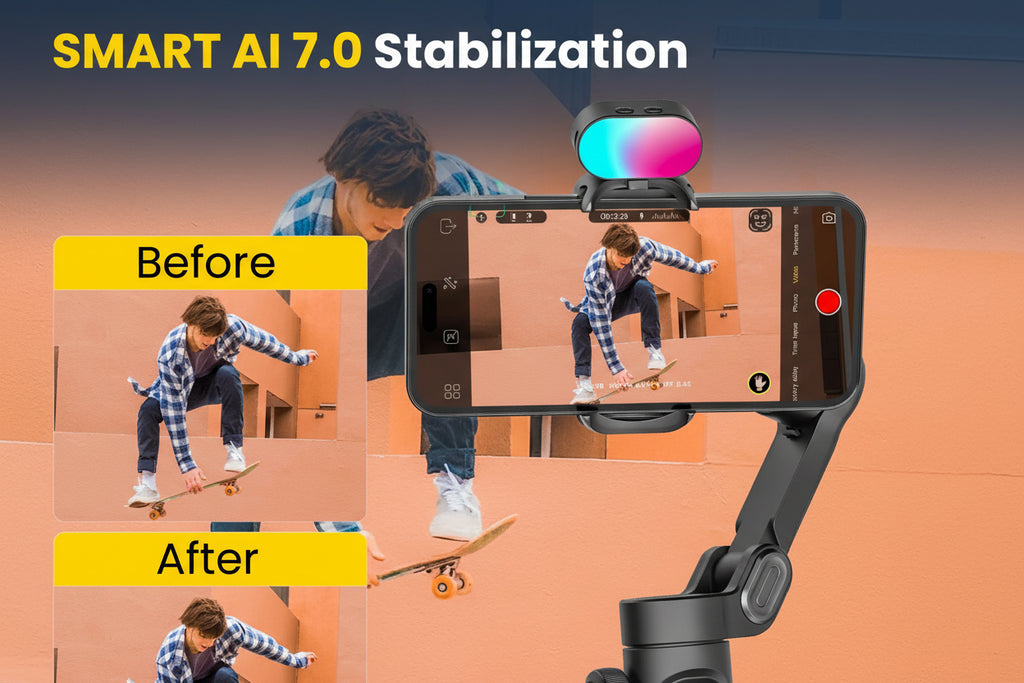 Smart AI 7.0 stabilization device showing before and after effect on a person skateboarding.