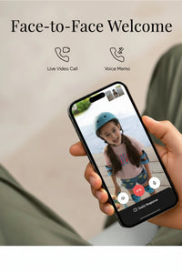 Hand holding a smartphone with a video call interface showing a child, with 'Face-to-Face Welcome' text above.